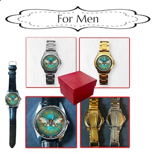 May include: A collection of watches with butterfly designs. The watches have different band styles, including silver and gold metal bands, and a black leather band. The watch faces feature a teal background with a butterfly illustration. A red gift box is also included.
