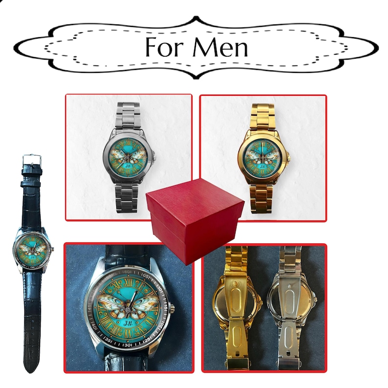 May include: A collection of watches with butterfly designs. The watches have different band styles, including silver and gold metal bands, and a black leather band. The watch faces feature a teal background with a butterfly illustration. A red gift box is also included.