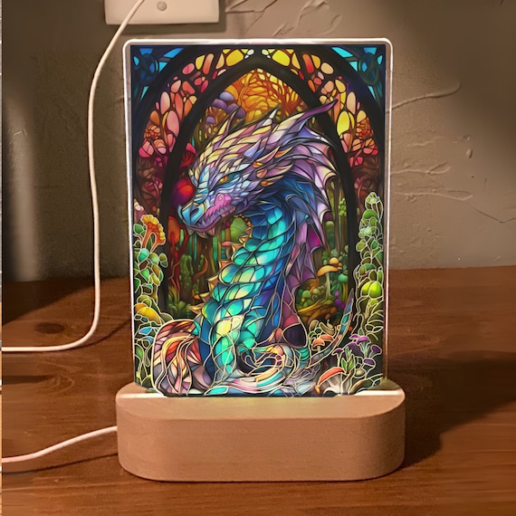 Stained Glass Dragon Night Light: Acrylic Panel with Wood Base