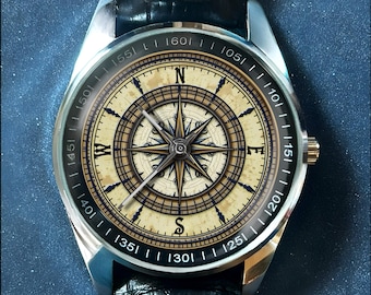 Compass Watch, Vintage Map Style, With Printed Cardinal design, Unique Watches for Men and Women Handmade Stainless Steel Leather Watches