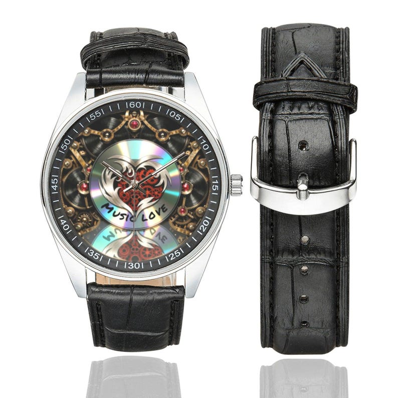 Steampunk Music Fan Watch - Heart & Retro Vinyl Record Wristwatch image 12