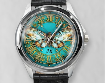 Womens Moth Watch, with Celtic Roman Numerals, Moth Art Nouveau, Unique Vintage Watches, With Initials on the watch face