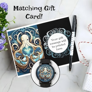 May include: An artistic gift set featuring an octopus design. Includes a greeting card with the text "Matching Gift Card!" and a watch with a black band. A pen with a star pattern is also included.