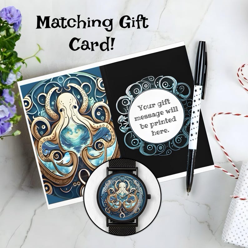 May include: An artistic gift set featuring an octopus design. Includes a greeting card with the text "Matching Gift Card!" and a watch with a black band. A pen with a star pattern is also included.