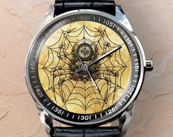Steampunk Spider Watch, With Custom Initials, Unique Watches for Men and Women, Great Gift for Spider Lovers and Steampunk Gifts