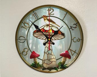 Reloj de pared con forma de hongo, efecto ventana de cristal, vitral 3D, reloj de pájaro único, inspirado en la naturaleza, pieza única.