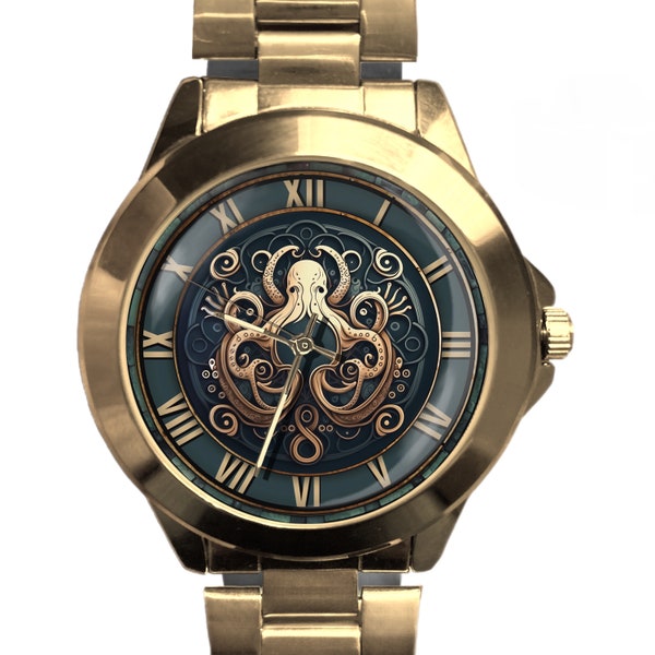 Watches for Men, Octopus Watch, Custom Name Watch, Octopus Gift, Roman Numeral Watch, Unique Watch, Gift for Men, Leather or Stainless Steel