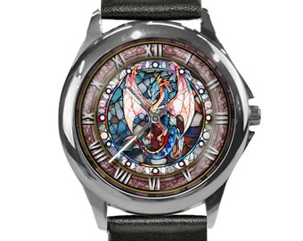 Watches for Women, Dragon Watch, Roman Numeral Watch, Faux Stained Glass Dial, Unique Watches, Quartz Wristwatch, Dragon Gift, Unisex Watch