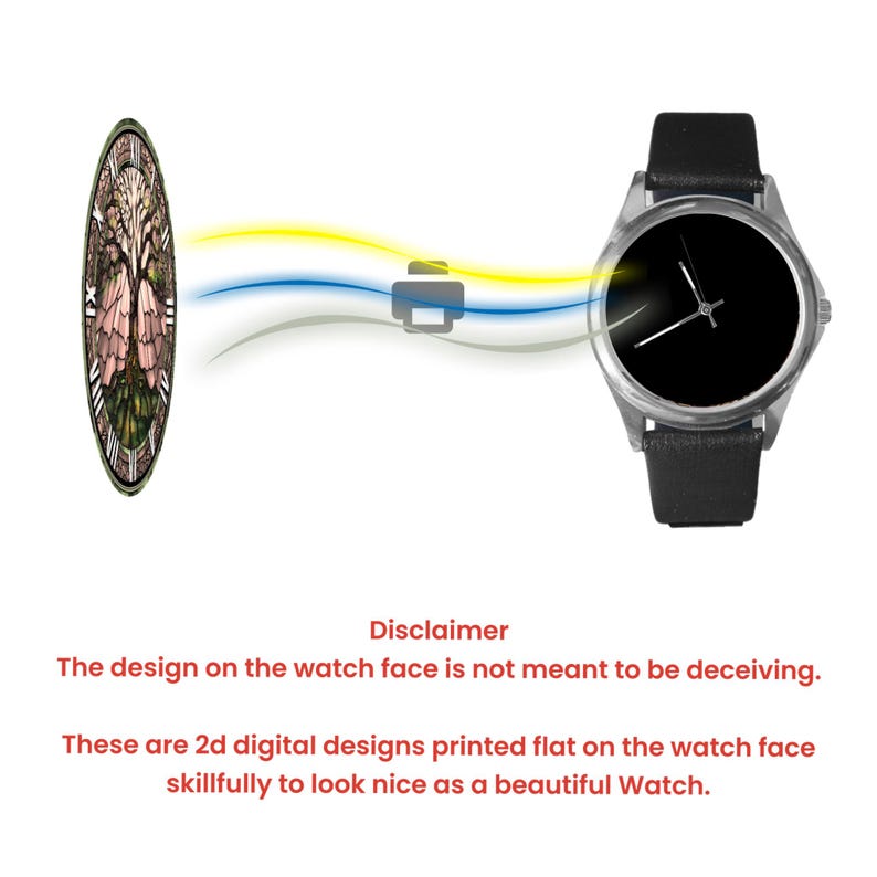 May include: A watch with a black face and silver casing, connected by a graphic to a watch face with a tree design. The text reads "Disclaimer: The design on the watch face is not meant to be deceiving. These are 2d digital designs printed flat on the watch face skillfully to look nice as a beautiful Watch."