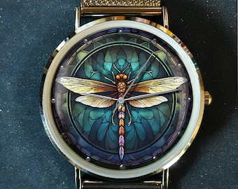 Stained Glass Dragonfly Watch: Stainless Steel Band, Silver or Black, Handmade Watches