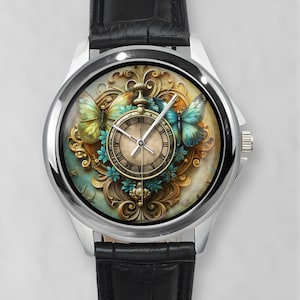 Watercolor Butterfly Watch: Roman Numeral Leather Wristwatch