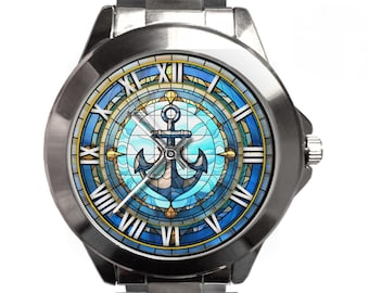 Anchor Watch: Faux Stained Glass, Roman Numeral Stainless Steel