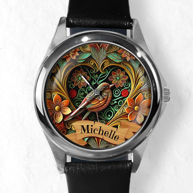 Watches for Women, Bird Watch, Personalized Watch, Unique Watches, Floral Wristwatch, Unisex Watch, Time Piece, Leather and Stainless Steel image 1