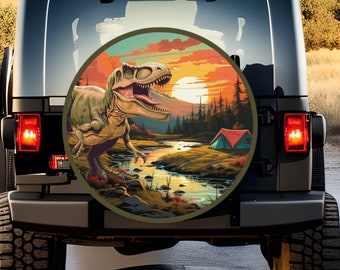 Dinosaur Camping Tire Cover: Father & Son SUV AccessoryPolyester All Weather Handmade Cover for Spare Tire