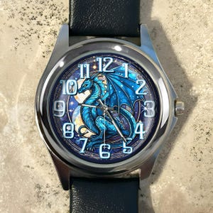 Blue Dragon Watch, Celestial Watches, Stained Glass effect, Fantasy Art Printed Wristwatch for Women and Men