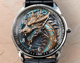 Unique Dragon Watches, Realistic Dragon Art, Gift for Dragon Lovers, Handmade Stainless Steel Leather Watches