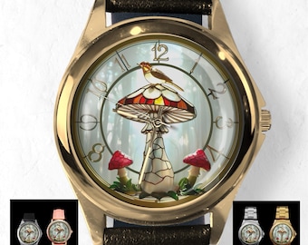 Reloj con forma de seta, diseño de pájaro caprichoso, efecto de ventana de cristal, relojes con estampado de setas, accesorio llamativo, regalo de otoño
