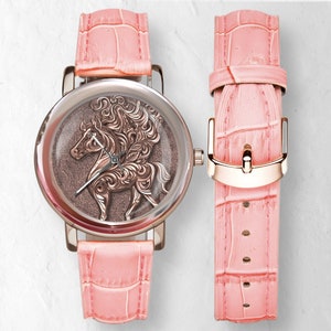 Reloj de caballo para mujer: oro rosa, correa de cuero rosa