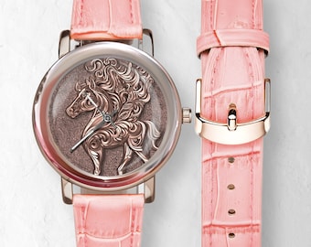 Paardenhorloge voor dames: roségouden, roze leren band handgemaakte roestvrijstalen leren horloges