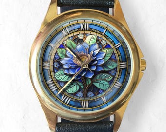 Jugendstil Blumen Uhr Leder Band, Römische Ziffern Handmade