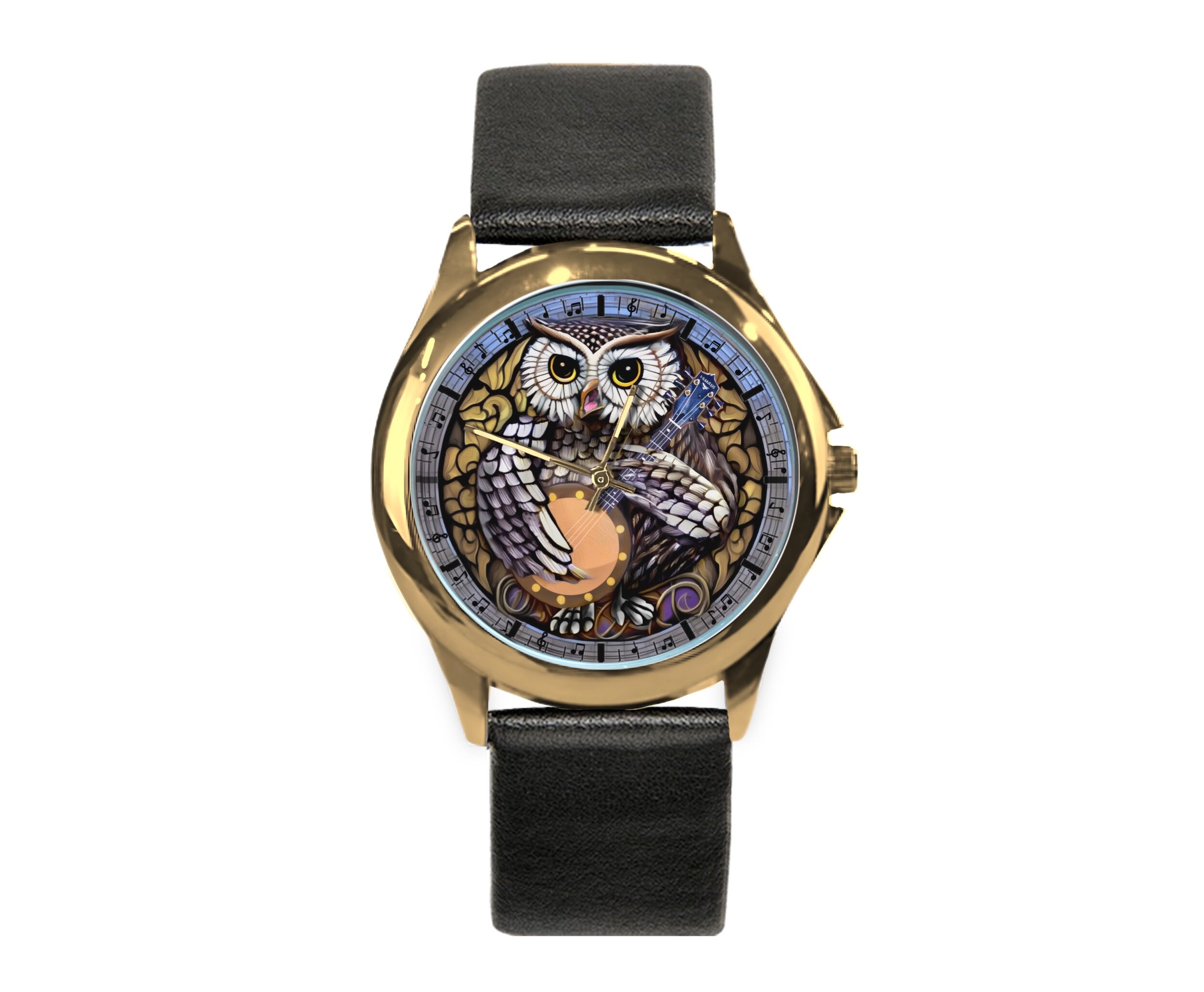 Owl Playing Banjo Watch: Personalized Leather or Steel Band  display picture 2