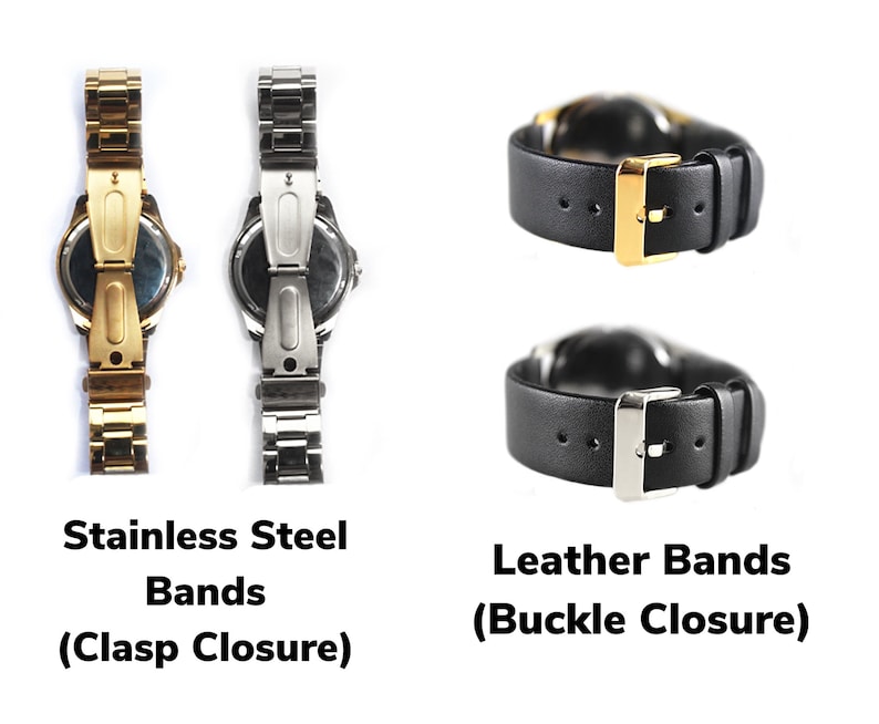 K&ouml;nnte beinhalten: Zwei Edelstahl-Uhrenarmb&auml;nder mit Schlie&szlig;en und zwei schwarze Leder-Uhrenarmb&auml;nder mit Schlie&szlig;en.
