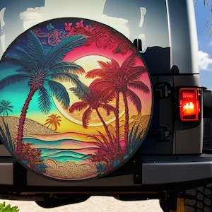 Tropical Tire Cover, Palm Tree Design, Beach Day, SUV Accessory, Custom Wheel Cover, Weather Proof, Spare Tire Cover, Vacation Gift for Mom