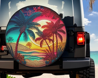 Tropical Palm Tree Tire Cover: Beach SUV RV Truck Accessory, Polyester All Weather Handmade Cover for Spare Tire