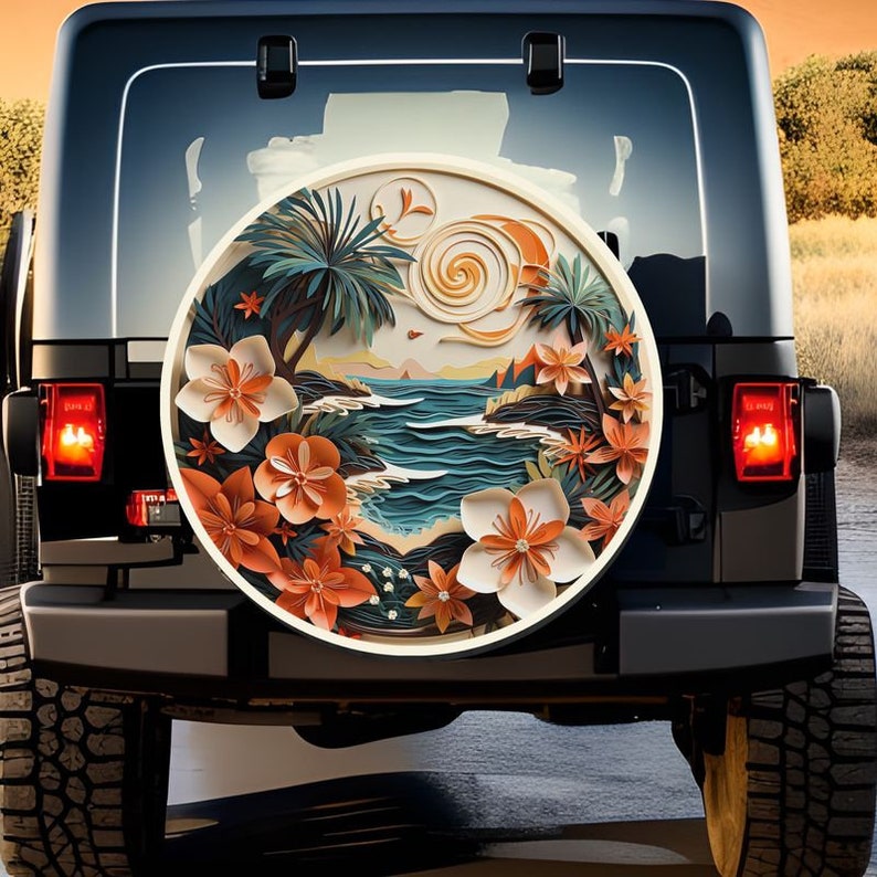 Tropical Island Spare Tire Cover: Beach Jeep, Truck, RV AccessoryPolyester All Weather Handmade Cover for Spare Tire image 3