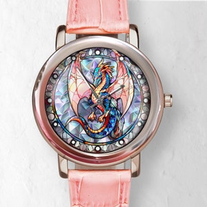 Watches for Women, Dragon Watch, Faux Stained Glass Dial, Pink Band Watch, Unique Watches, Quartz Wristwatch, Dragon Gift, Rose Gold Watch