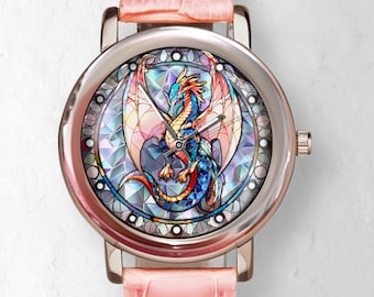 Drachenuhr: Ziffernblatt aus Buntglas, Armband aus rosa Leder