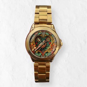 Watches for Women, Bird Watch, Personalized Watch, Unique Watches, Floral Wristwatch, Unisex Watch, Time Piece, Leather and Stainless Steel Stainless Steel Gold