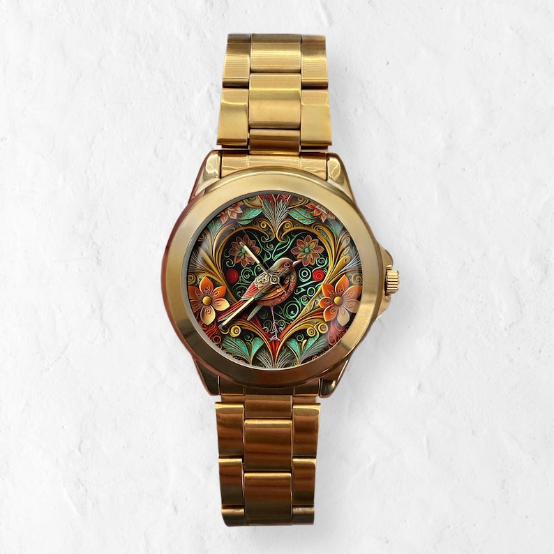 Watches for Women, Bird Watch, Personalized Watch, Unique Watches, Floral Wristwatch, Unisex Watch, Time Piece, Leather and Stainless Steel Stainless Steel Gold