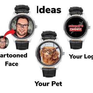 Puede incluir: Tres relojes de pulsera plateados con correas de cuero negro. Las esferas de los relojes presentan una cara de dibujos animados, un perro con gafas y un logotipo que dice "Hubbard's Fandom".