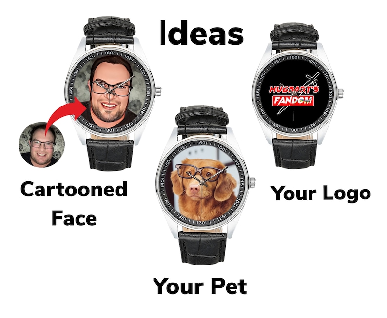 Puede incluir: Tres relojes de pulsera plateados con correas de cuero negro. Las esferas de los relojes presentan una cara de dibujos animados, un perro con gafas y un logotipo que dice "Hubbard's Fandom".