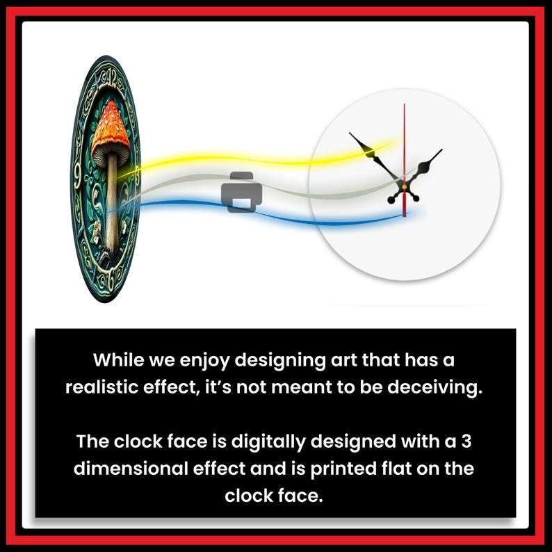 May include: A wall clock featuring a mushroom design on the left and a white clock face on the right. The mushroom art is in a circular frame with green and gold accents. The clock face has black hands and a red second hand. Text on the bottom states the clock face is digitally designed.
