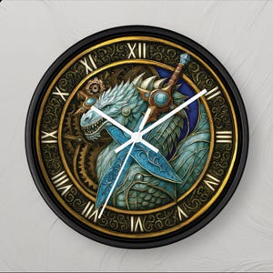 May include: Round wall clock with a black frame, featuring a fantasy dragon design. The clock face has Roman numerals, a gold border, and a blue and teal dragon with a sword. The clock hands are white.