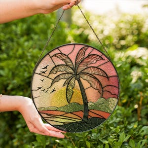 Sunset Stained Glass, Tropical Suncatcher, Palm Tree Decor, Glass Window Hanging, Beach House, Window Art, Vacation home gift, Gift for Her