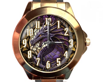 Dragon Watch: Stained Glass Design, Stainless Steel or Leather Band