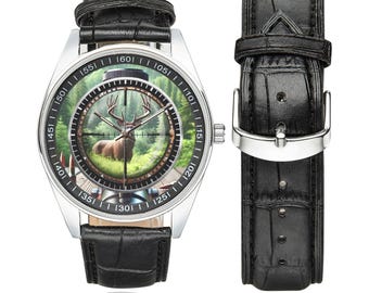 Big Game Deer Hunting Watch: Stainless Steel Hunter Gift Handmade Stainless Steel Leather Watches