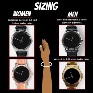 May include: Image showing watch sizing information. The word "SIZING" is at the top. The text indicates wrist sizes for women and men, with watches displayed. Women's wrist sizes are between 6.5 to 8 inches. Men's wrist sizes are between 6.5 to 8.5 inches.