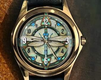 Watches for Women, Dragon Fly Gift, Stained Glass Watch, Unique Watches, Unisex Wristwatch, Gold Watch, Silver Watch, Watch for Men & Women