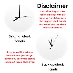 May include: Image of two white clock faces with black hands, labelled "Original clock hands" and "Back up clock hands." A disclaimer explains that backup hands may be sent if the originals are unavailable. Text encourages customers to enquire before purchase.