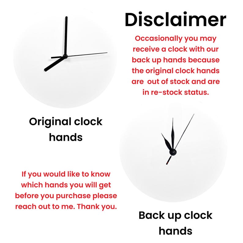 May include: Image of two white clock faces with black hands, labelled "Original clock hands" and "Back up clock hands." A disclaimer explains that backup hands may be sent if the originals are unavailable. Text encourages customers to enquire before purchase.