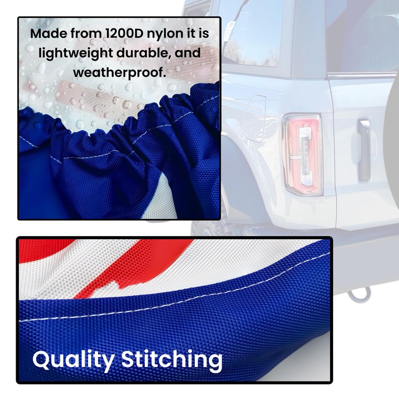 May include: Close-up of a blue and red tire cover with white stitching. The cover is made of 1200D nylon and is lightweight, durable, and weatherproof. The text "Made from 1200D nylon it is lightweight durable, and weatherproof." is visible in the image. The text "Quality Stitching" is visible in the image.
