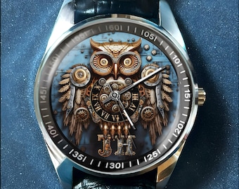 Personalized Steampunk Owl Watch with Initials, Gears, Roman Numerals, Custom Font, Wearable Industrial Art