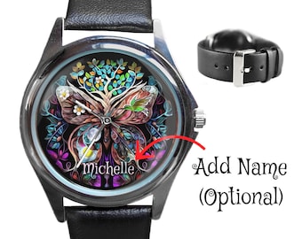 Personalized Butterfly Tree of Life Watch With Name, Handmade Leather Watches, Gold or Silver