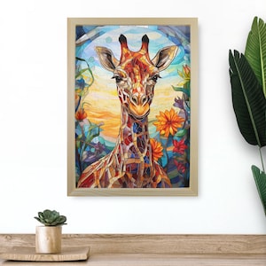 Stained Glass Giraffe Puzzle: Framed Wood Animal Art