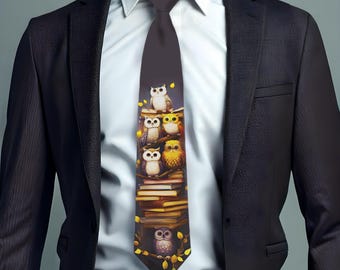 Owl Necktie, Graduation Gift, Owl Book Pattern, Tie For Teacher, English Teacher Gift, Librarian Gift, Necktie for Men, Unique Necktie