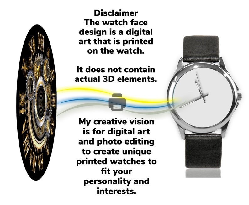 K&ouml;nnte beinhalten: Ein schwarzes und goldenes Zifferblattmuster mit komplizierten Zahnr&auml;dern und r&ouml;mischen Ziffern. Das Design ist auf ein wei&szlig;es Zifferblatt mit einem silbernen Geh&auml;use und einem schwarzen Lederarmband gedruckt. Der Text "Disclaimer" ist &uuml;ber dem Zifferblatt gedruckt, gefolgt von einer Beschreibung des Designprozesses.